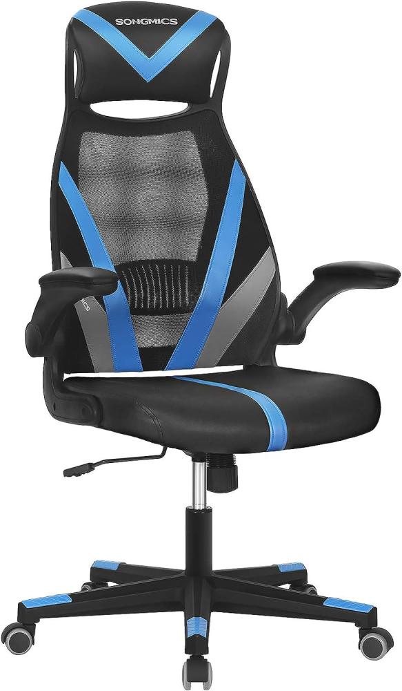 SONGMICS Bürostuhl, Stuhl mit Netzbespannung, höhenverstellbar, mit Kopfstütze und Armlehne, um 360° drehbar, mit Wippfunktion, bis 130 kg belastbar, ergonomisch, schwarz-blau-dunkelgrau OBN086B01 Bild 1