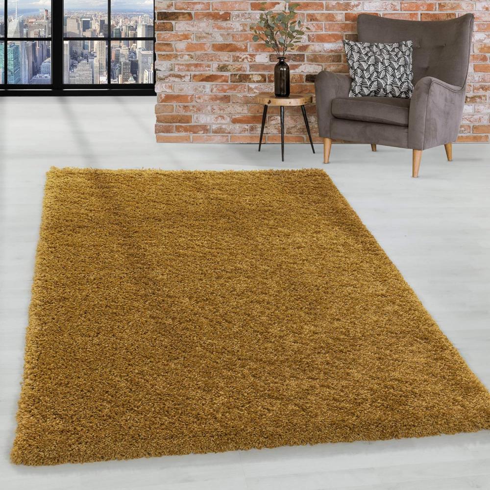 HomebyHome Shaggy Hochflor Teppich Wohnzimmer 200x300 (200x290 cm) Gold - Teppich Flauschig, Modern, Plüsch und Weich - Ideal für Schlafzimmer, Esszimmer und als Küchenteppich Bild 1