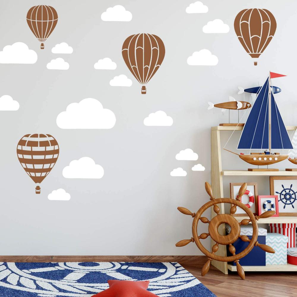 Heißluftballon & Wolken Aufkleber Wandtattoo Himmel | Wandbild 6x DIN A4 Bögen | Sticker Kinder Kinderzimmer Deko Ballons (Lehmbraun) Bild 1