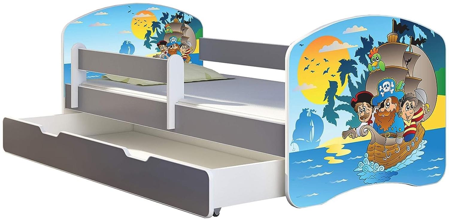 ACMA Kinderbett Jugendbett mit Einer Schublade und Matratze Grau mit Rausfallschutz Lattenrost II (21 Piraten, 140x70 + Bettkasten) Bild 1