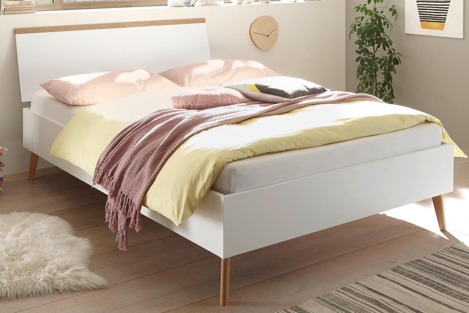 Doppelbett MAINZ-61 im skandinavian Design, weiß matt mit Eiche Riviera Nb, 140x200 cm Bild 1