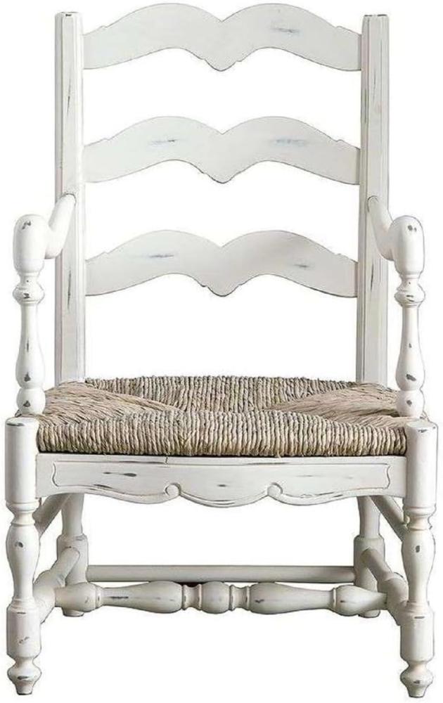 Casa Padrino Luxus Landhausstil Shabby Chic Esszimmer Stuhl mit Armlehnen Antik Weiß / Naturfarben 55 x 50 x H. 90 cm - Luxus Esszimmer Möbel im Landhausstil Bild 1