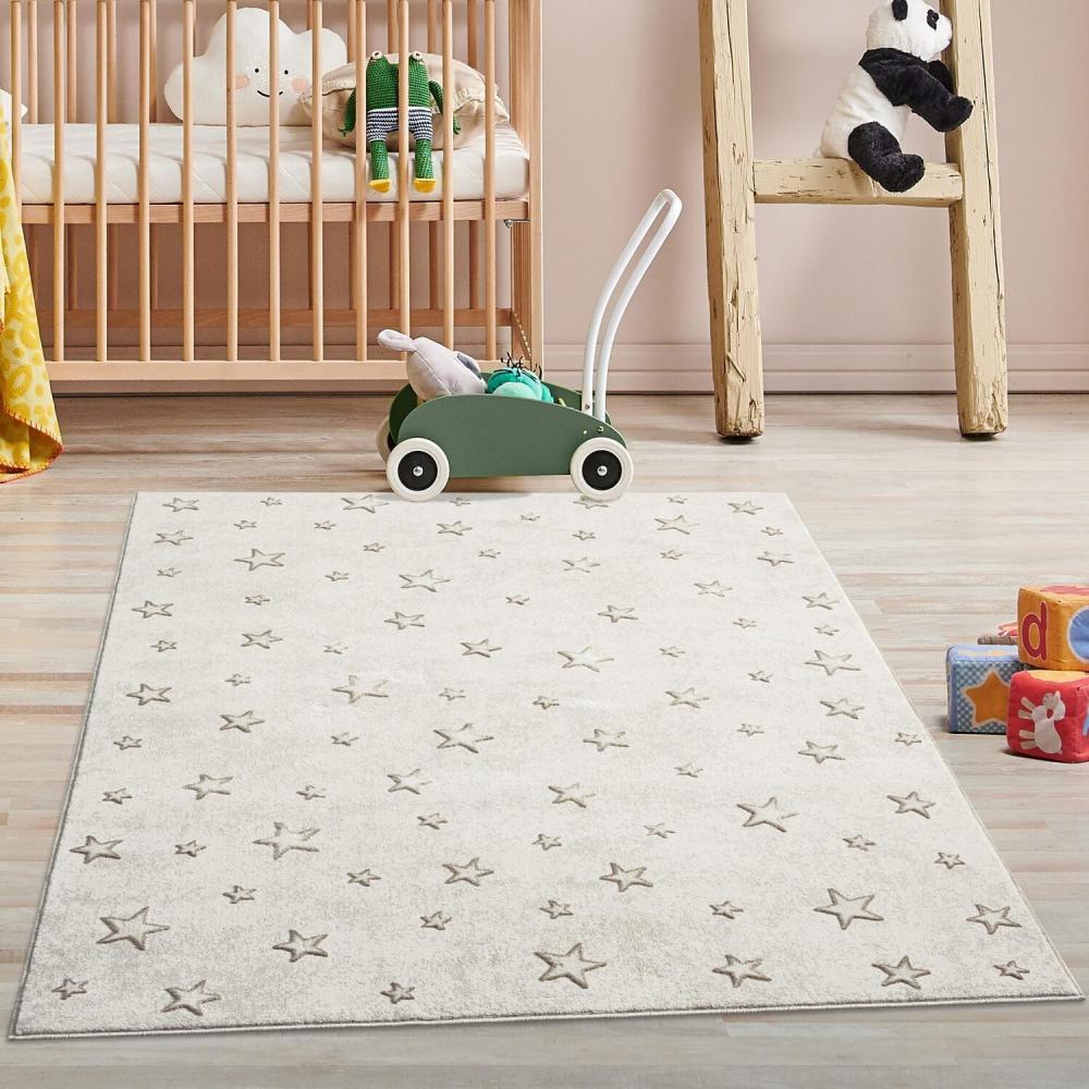 carpet city Kinderteppich Creme, Beige - 120x160 cm - Sterne Muster - Kurzflor Teppiche Kinderzimmer, Spielzimmer Bild 1