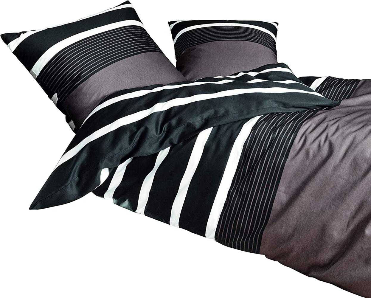 Janine Mako Satin Bettwäsche 2 teilig Bettbezug 135 x 200 cm Kopfkissenbezug 80 x 80 cm Streifen Nougat schwarz Bild 1