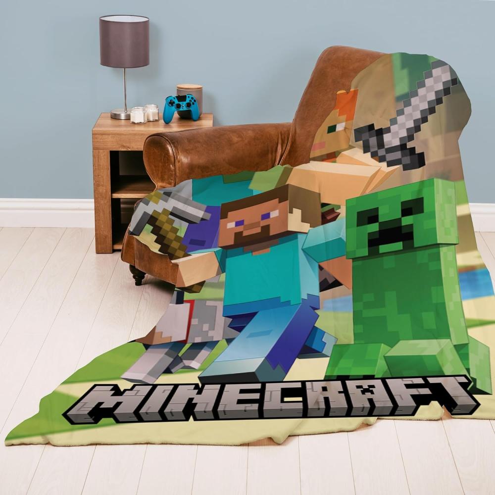 Minecraft Kuscheldecke für Jungen mit Steve und Creeper | Große Tagesdecke Grün Motiv Detail | Maße: 160x200 cm Bild 1