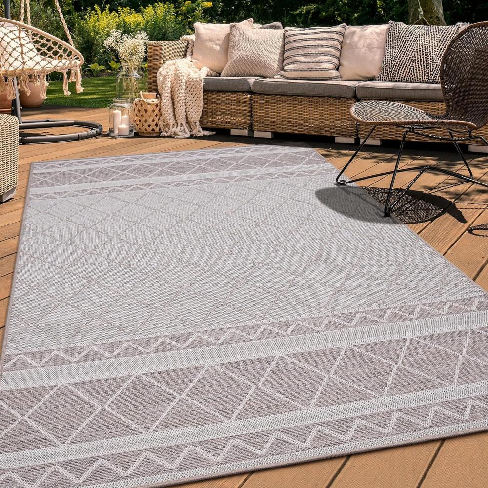 Paco Home In-& Outdoor Teppich Balkon Terrasse Küchenteppich Modernes Boho Ethno Muster, Grösse:200 cm Rund, Farbe:Beige 4 Bild 1