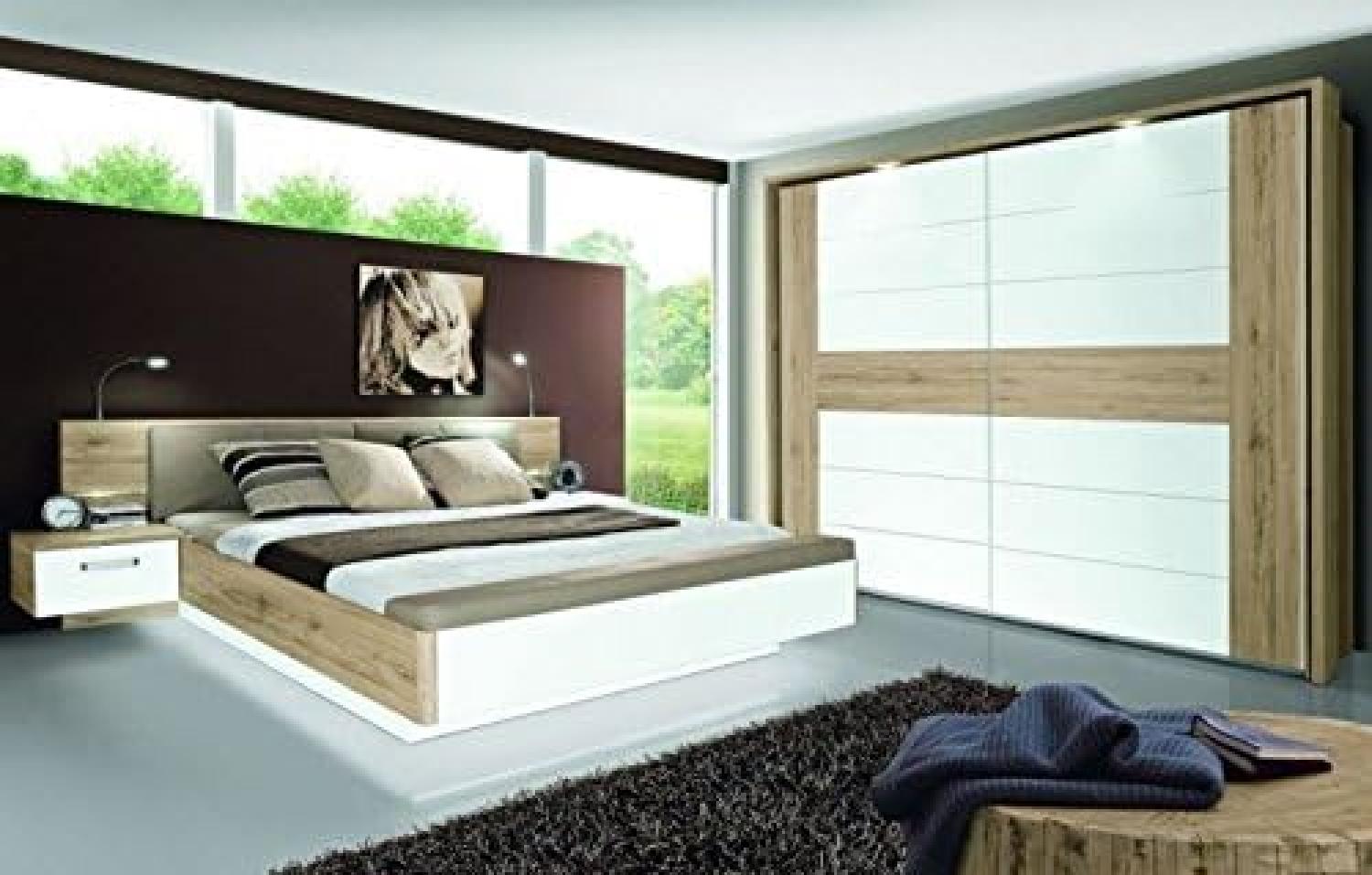 Forte Möbel 'Rondino' Schlafzimmer-Set, Bettanlage 3-tlg., Doppelbett 180x200 cm, inkl. Fußbank und 2 Nachtkonsolen, Sandeiche Nb./Hochglanz Weiß Bild 1