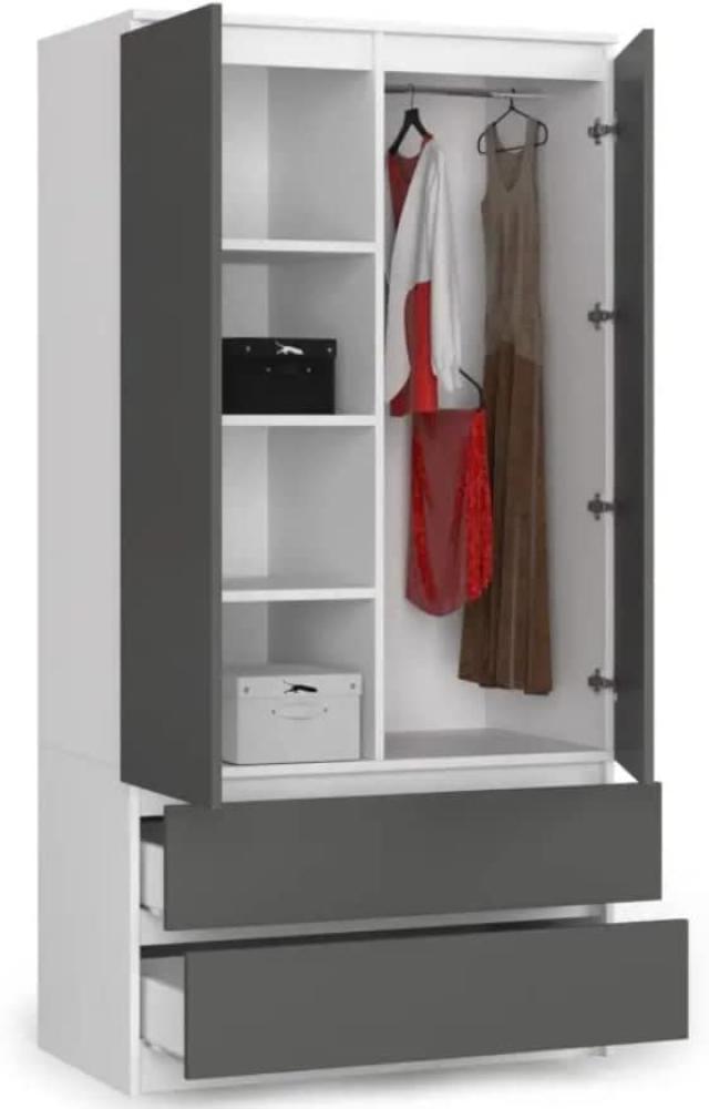 BDW Kleiderschrank 2 Türen, 4 Einlegeböden, Kleiderbügel, 2 Schubladen Kleiderschrank für das Schlafzimmer Wohnzimmer Diele 180x90x51cm (Weiß/Grau) Bild 1