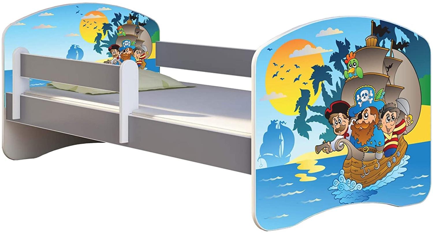 ACMA Kinderbett Jugendbett mit Einer Schublade und Matratze Grau mit Rausfallschutz Lattenrost II (21 Piraten, 180x80) Bild 1