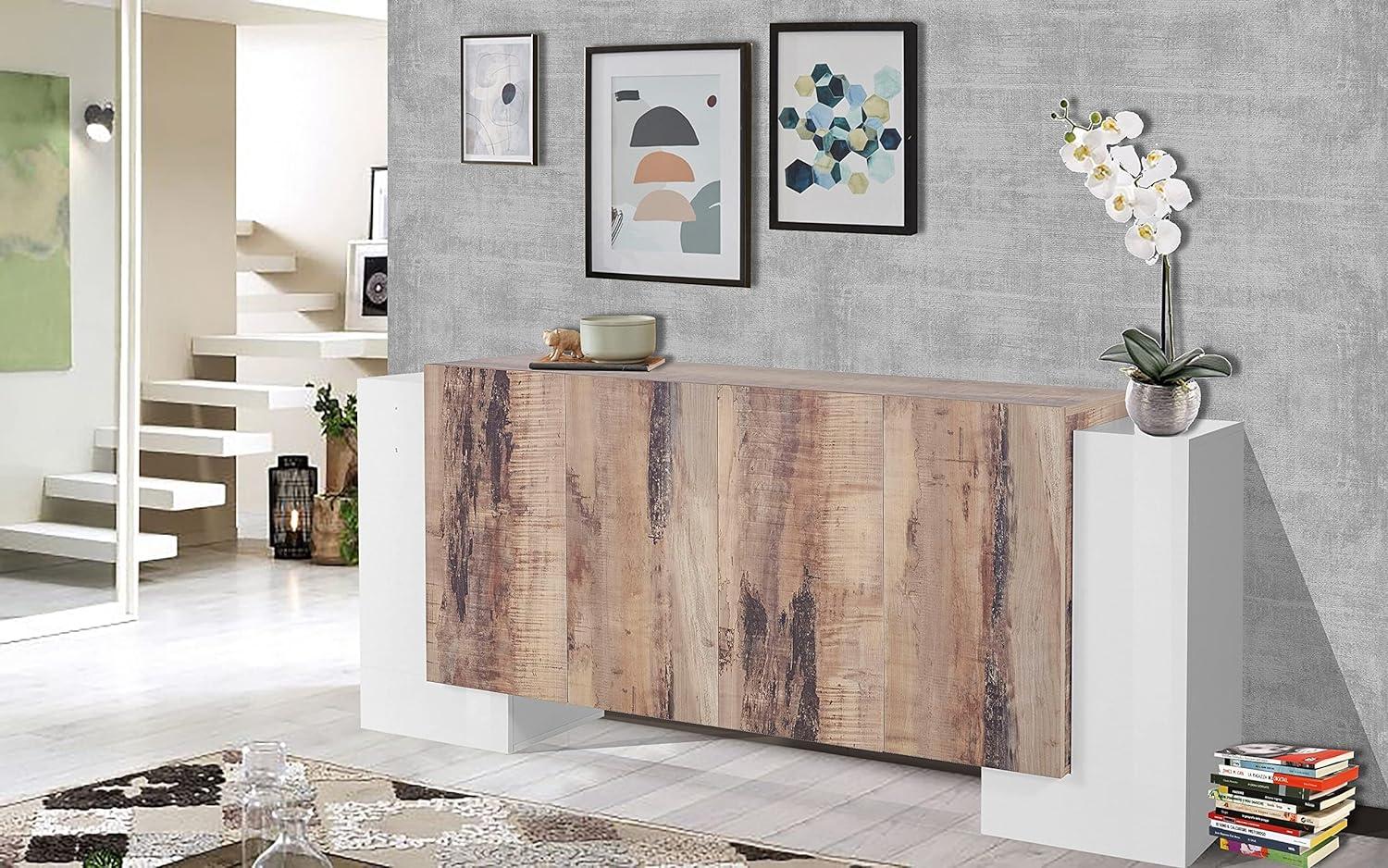 Dmora Modernes 6-türiges Sideboard, Made in Italy, Küchen-Sideboard, Wohnzimmer-Design-Buffet, 210x45h85 cm, Glanzweiß und Ahornfarbe Bild 1