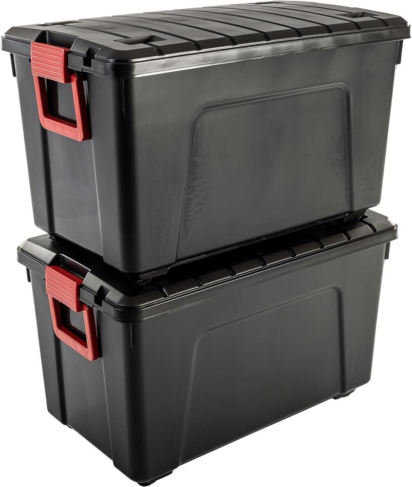 Iris Ohyama, große Kunststoff-Aufbewahrungsbox, 110 l Garagen-Aufbewahrungsbox, 2er-Set, SIA-110, schwarz, stapelbar, Verschlussklammern – B75 x T44,5 x H45 cm Bild 1