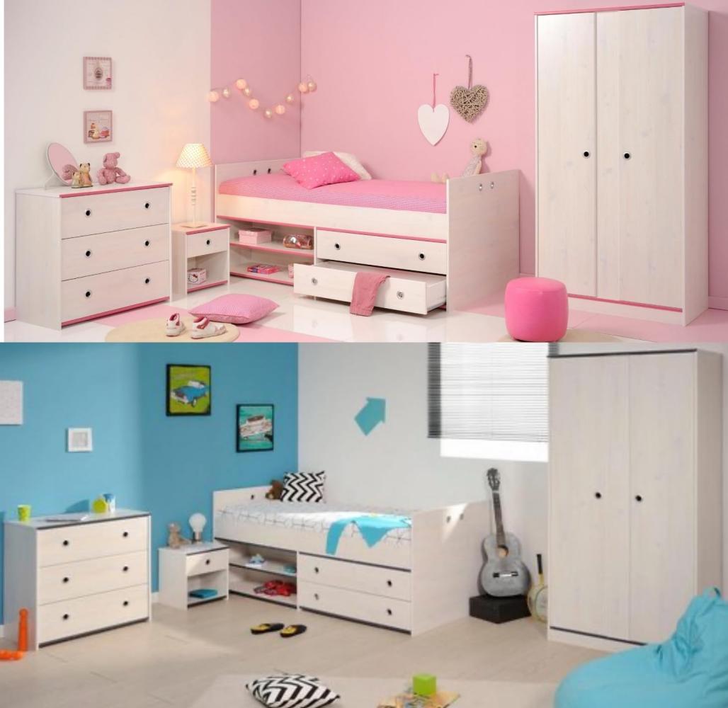 Kinderzimmer Smoozy 21 Parisot 4-tlg Bett + Kleiderschrank + Kommode + Nachtkommode weiß Bild 1