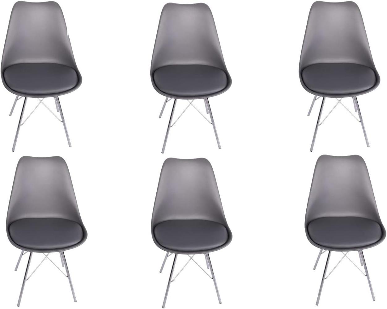 SAM 6er Set Schalenstuhl Lerche, Sitzschale grau, integriertes Kunstleder-Sitzkissen, Stuhl mit Gestell aus Chrom, Esszimmerstuhl im skandinavischen Stil Bild 1