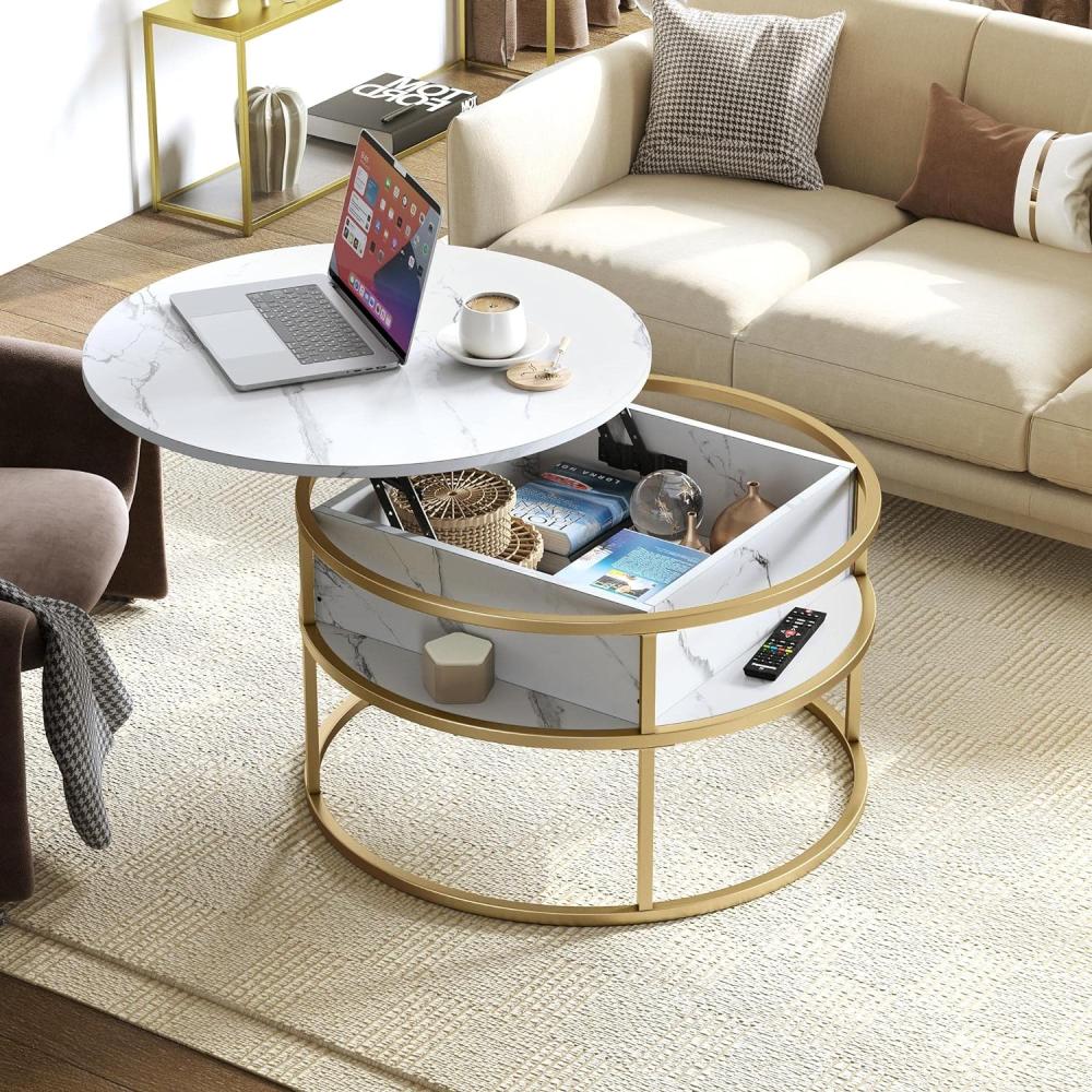 YITAHOME Runder Couchtisch mit Hebetischplatte, mit verstecktem Ablagefach, weißer moderner Couchtisch mit Stauraum für Home Office, Weiß und Gold Bild 1