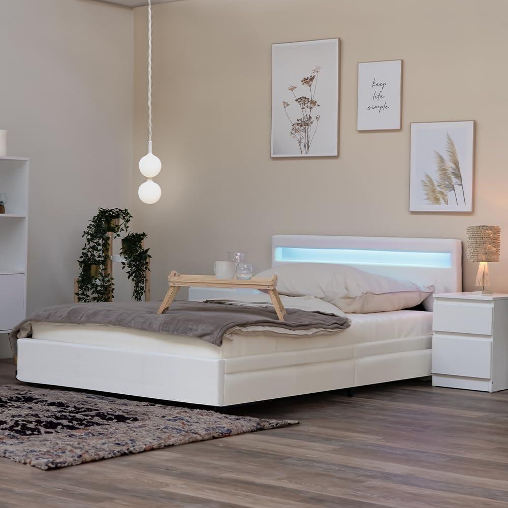 HOME DELUXE - LED Bett NUBE - Weiß, 180 x 200 cm - inkl. Matratze, Lattenrost und Schubladen I Polsterbett Design Bett inkl. Beleuchtung Bild 1
