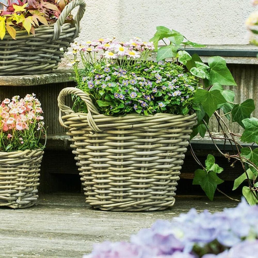 Dekoleidenschaft Pflanzkübel Pflanzkorb "Rustikal" aus Rattan, rund, grau, Blumentopf, Pflanztopf, Blumenkübel, Flechtkorb, Pflanzentopf, Gartendeko für Draußen Bild 1