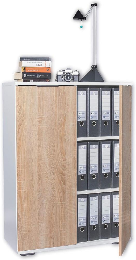 Büroschrank Mehrzweckschrank Schrank B 80,2 cm x H 109,5 cm x T 35 cm Büromöbel Aktenschrank Ordnerschrank Vorratsschrank Kommode Allzweckschrank (Aktenschrank klein, Weiß/Sonoma-Eiche) Bild 1