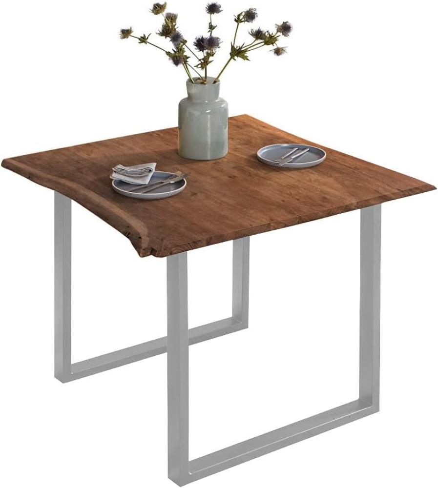 SAM Esszimmertisch 80x80 cm Billy, echte Baumkante, Esstisch aus Akazienholz massiv + nussbaumfarben, Baumkantentisch mit U-Gestell Silber Bild 1