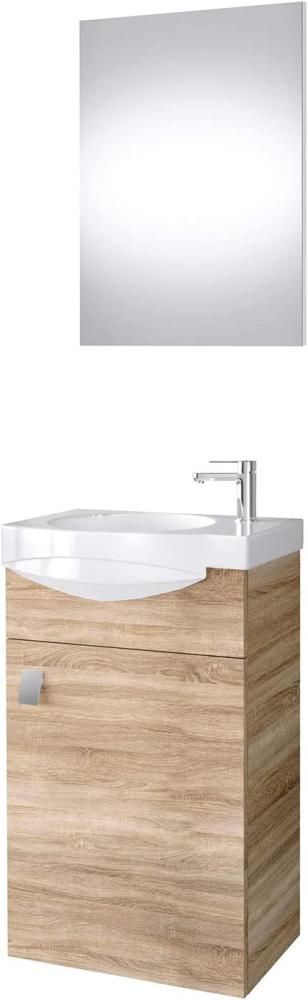 Planetmöbel Badmöbel Set Gäste WC Waschtischunterschrank Keramikwaschbecken Spiegel Sonoma Eiche Bild 1