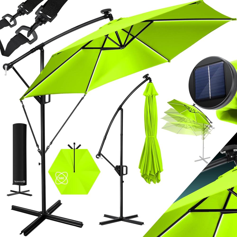 KESSER® Alu Ampelschirm LED Solar + Abdeckung mit Kurbelvorrichtung UV-Schutz Aluminium mit An-/Ausschalter Wasserabweisend - Sonnenschirm Schirm Gartenschirm 350cm, Hellgrün Bild 1