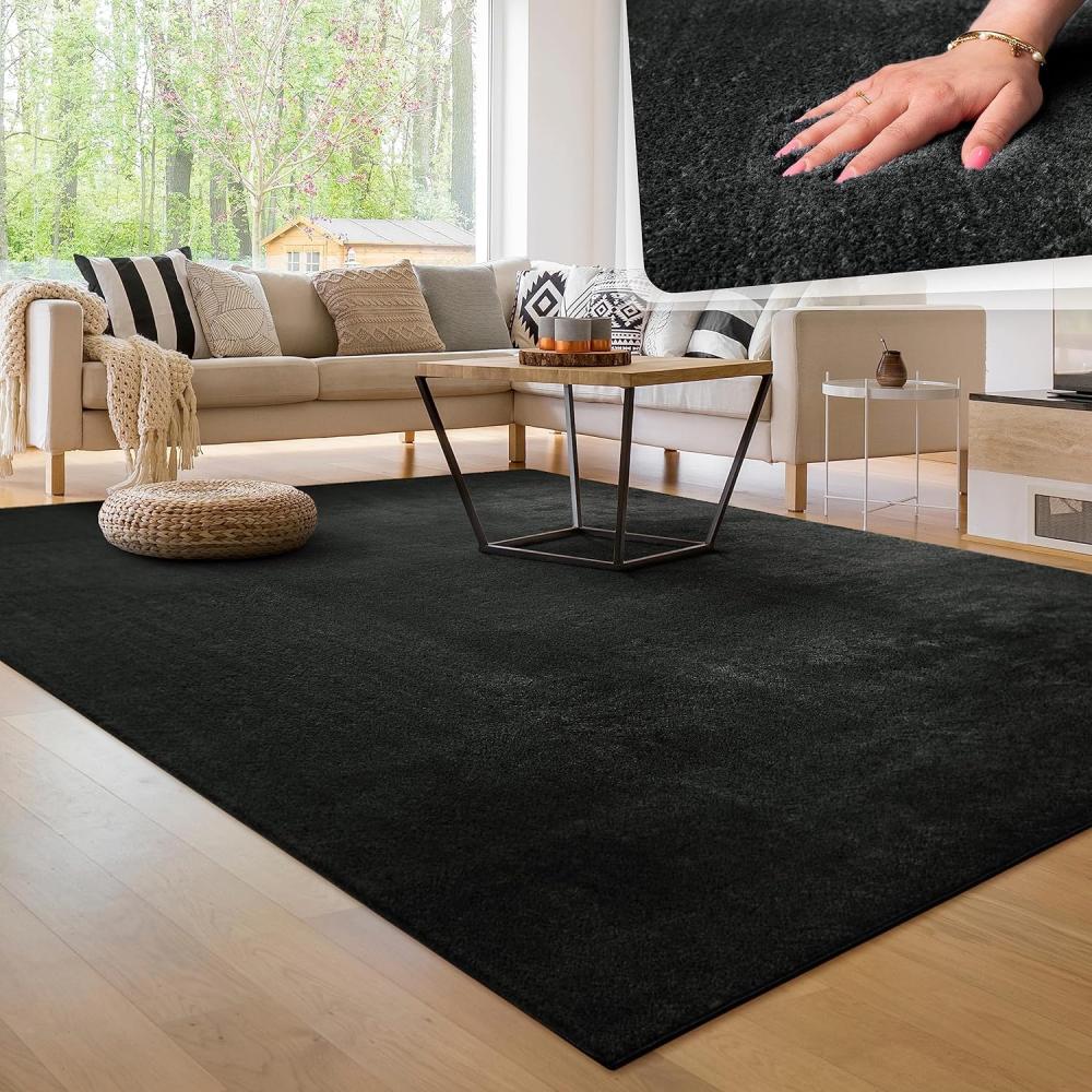 Paco Home Waschbarer Teppich Wohnzimmer Schlafzimmer Kurzflor rutschfest Flauschig Weich Moderne Einfarbige Muster, Grösse:160x220 cm, Farbe:Schwarz Bild 1