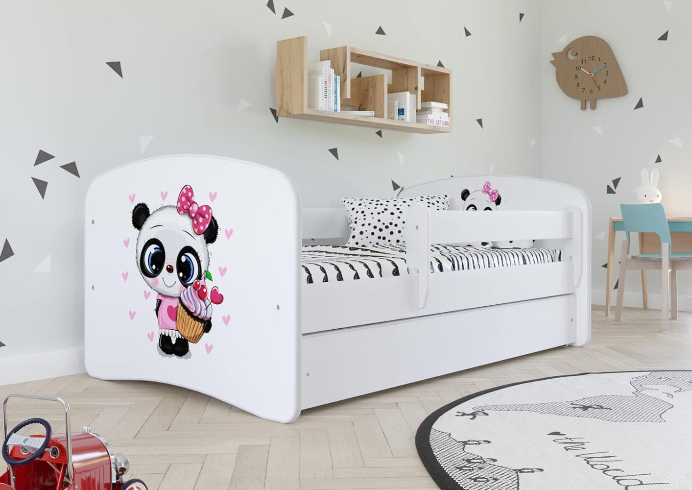 Kinderbett Jugendbett Weiß mit Rausfallschutz Schublade und Lattenrost Kinderbetten für Mädchen und Junge - Panda 80 x 180 cm Bild 1