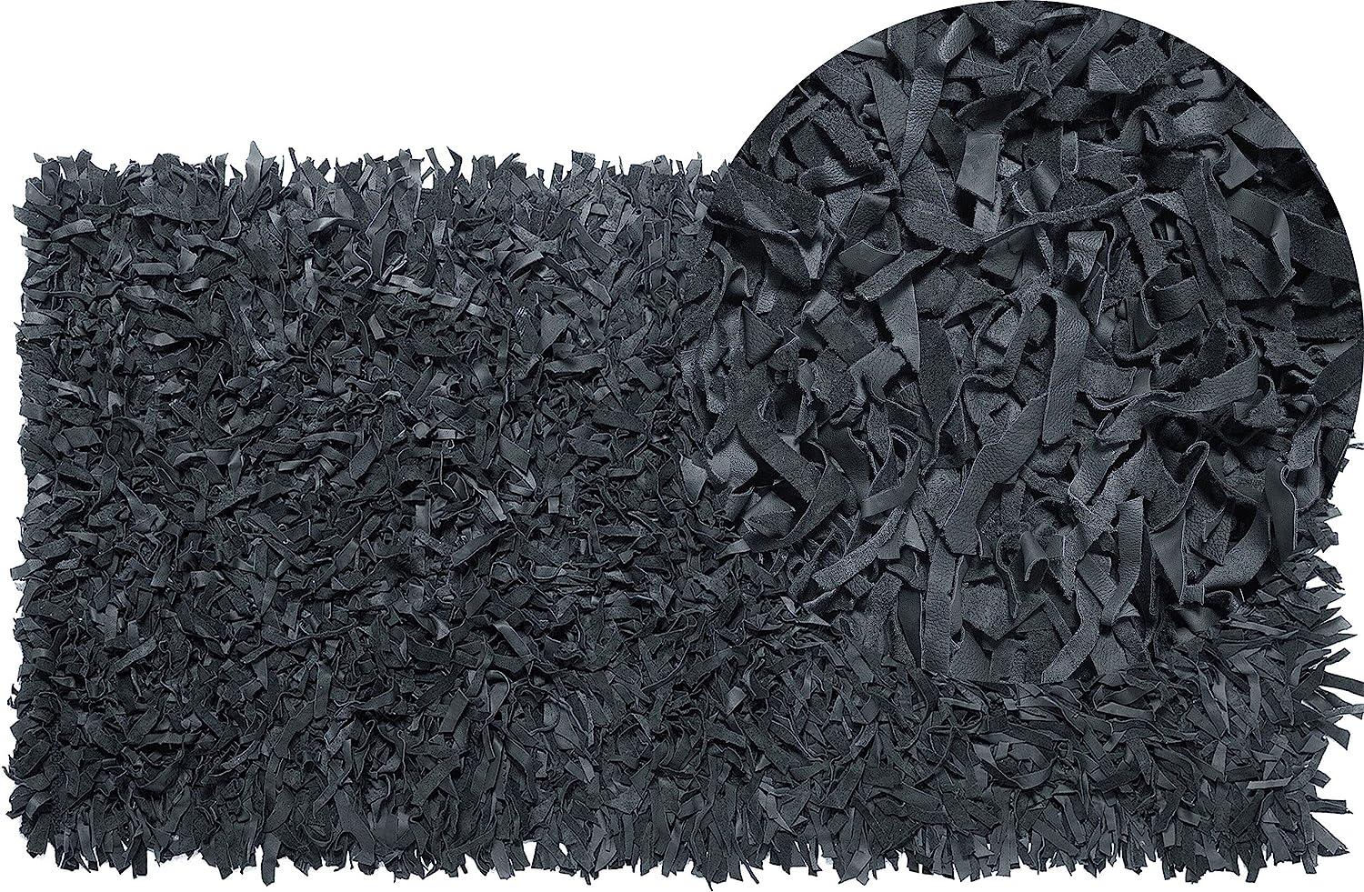 Teppich schwarz 80 x 150 cm Leder Shaggy MUT Bild 1