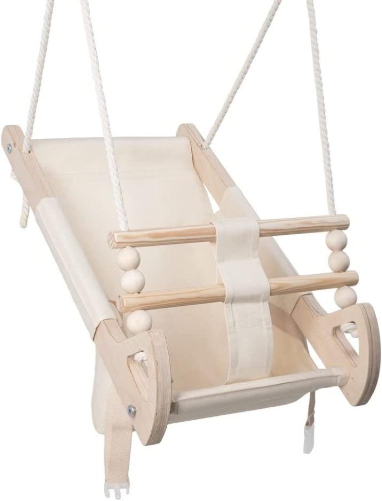 MAMOI® Children 's fabric, Beige swing with seat belt, Outdoor swing made of wood and cotton Bild 1