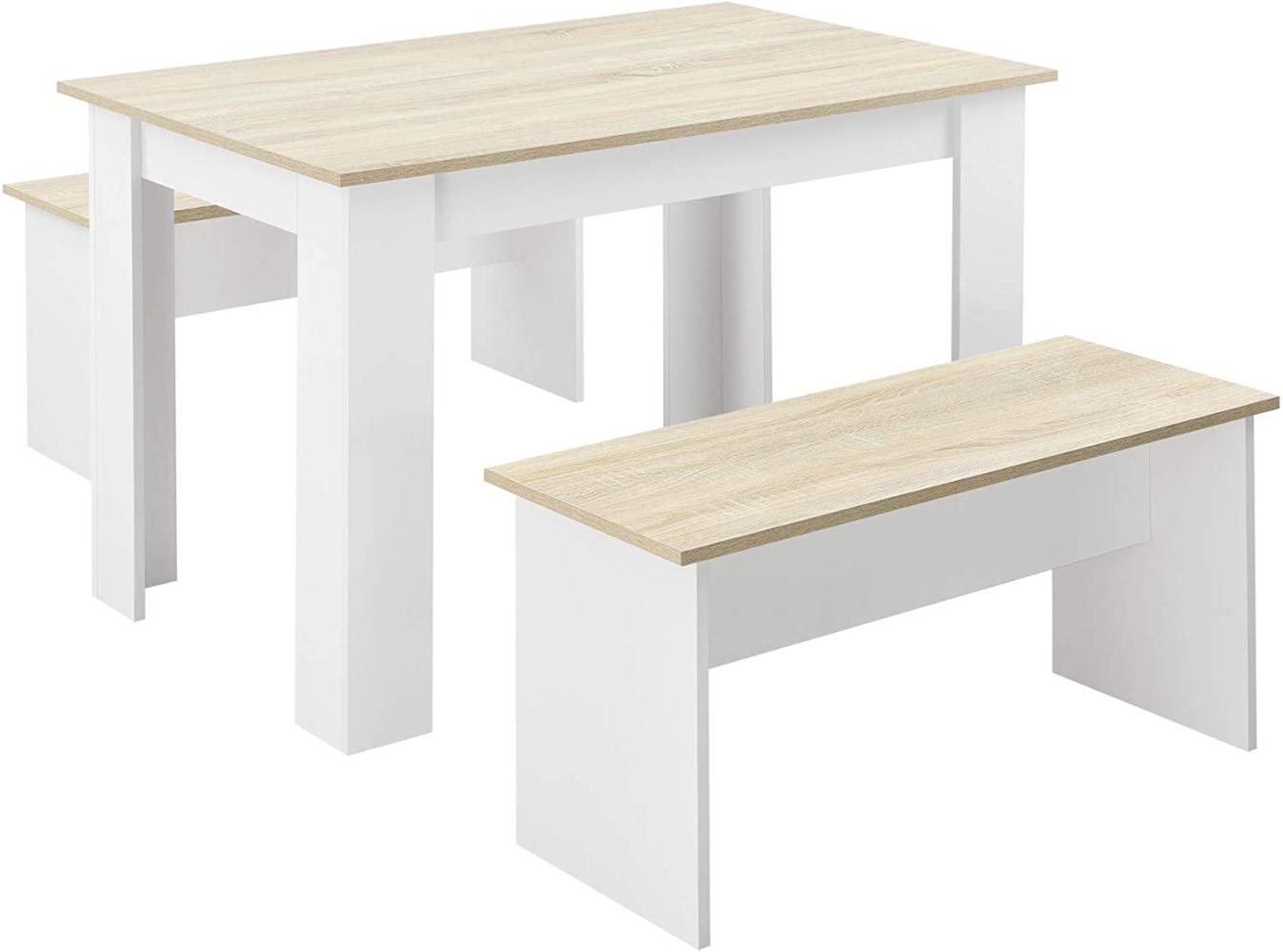Tisch- und Bank Set Hokksund 110x70 cm mit 2 Bänken Weiß/Eiche en. casa Bild 1