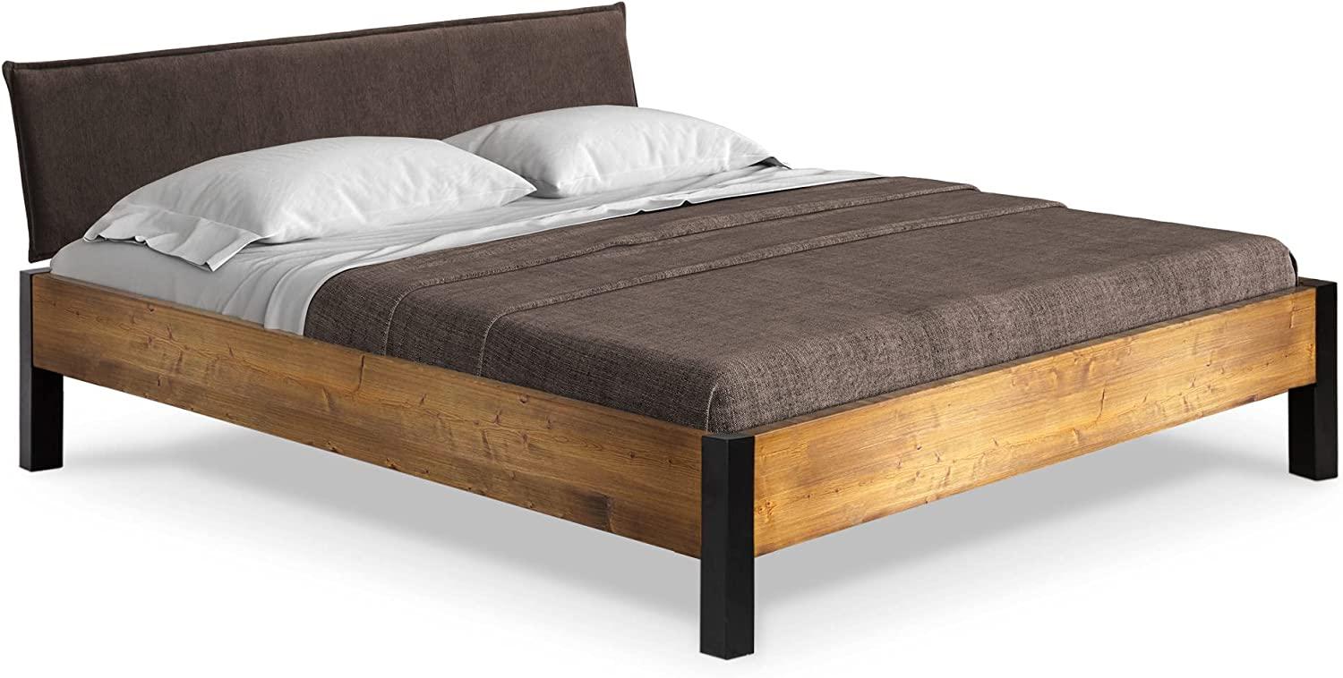 Möbel-Eins CURBY Bett Metallfuß, mit Polsterkopfteil, Material Massivholz, rustikale Altholzoptik, Fichte vintage 160 x 220 cm Stoff Braun ohne Steppung Bild 1