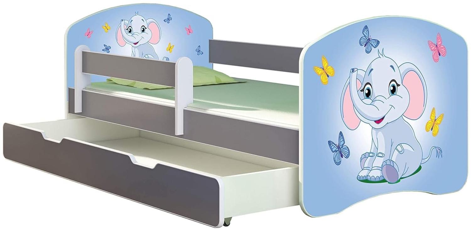 ACMA Kinderbett Jugendbett mit Einer Schublade und Matratze Grau mit Rausfallschutz Lattenrost II (26 Elefant, 180x80 + Bettkasten) Bild 1