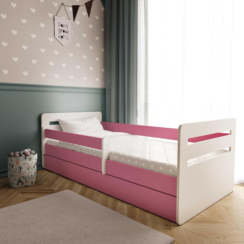 Kinderbett Jugendbett Rosa mit Rausfallschutz Schubalde und Lattenrost Kinderbetten für Mädchen und Junge - Tomi 80 x 160 cm Bild 1