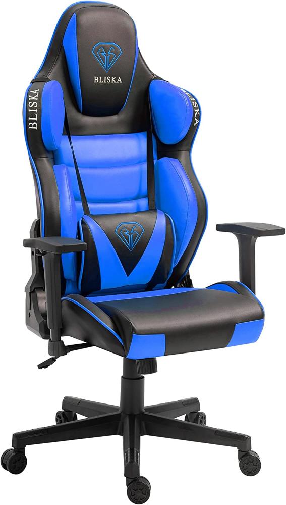 Gaming Stuhl Chair Racing Chefsessel mit Sportsitz und ergonomsichen 4D-Armlehnen Schwarz / Blau ohne Fußstütze Bild 1