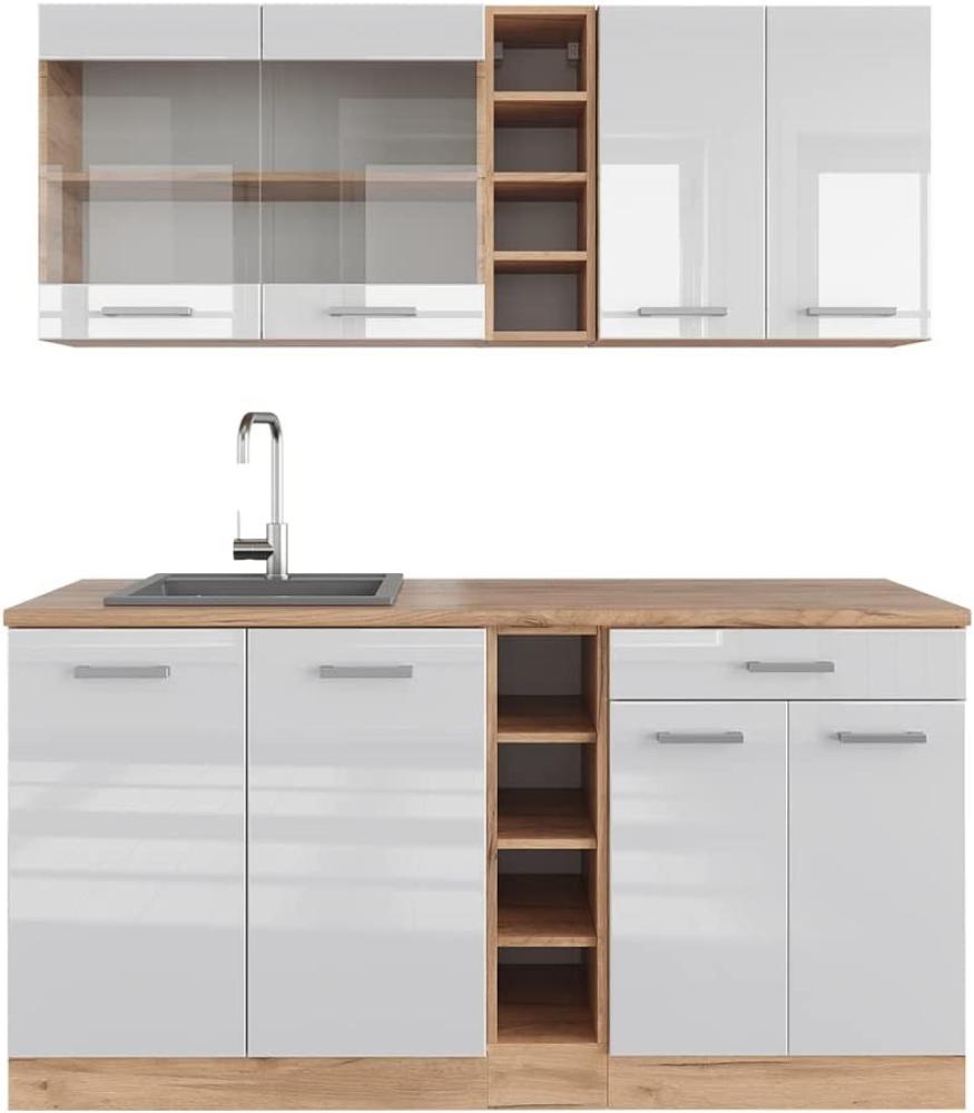 Vicco Küchenzeile Einbauküche Küchenschränke R-Line Eiche Küchenmöbel (Eiche-Weiß Hochglanz, Single 180 cm) Bild 1