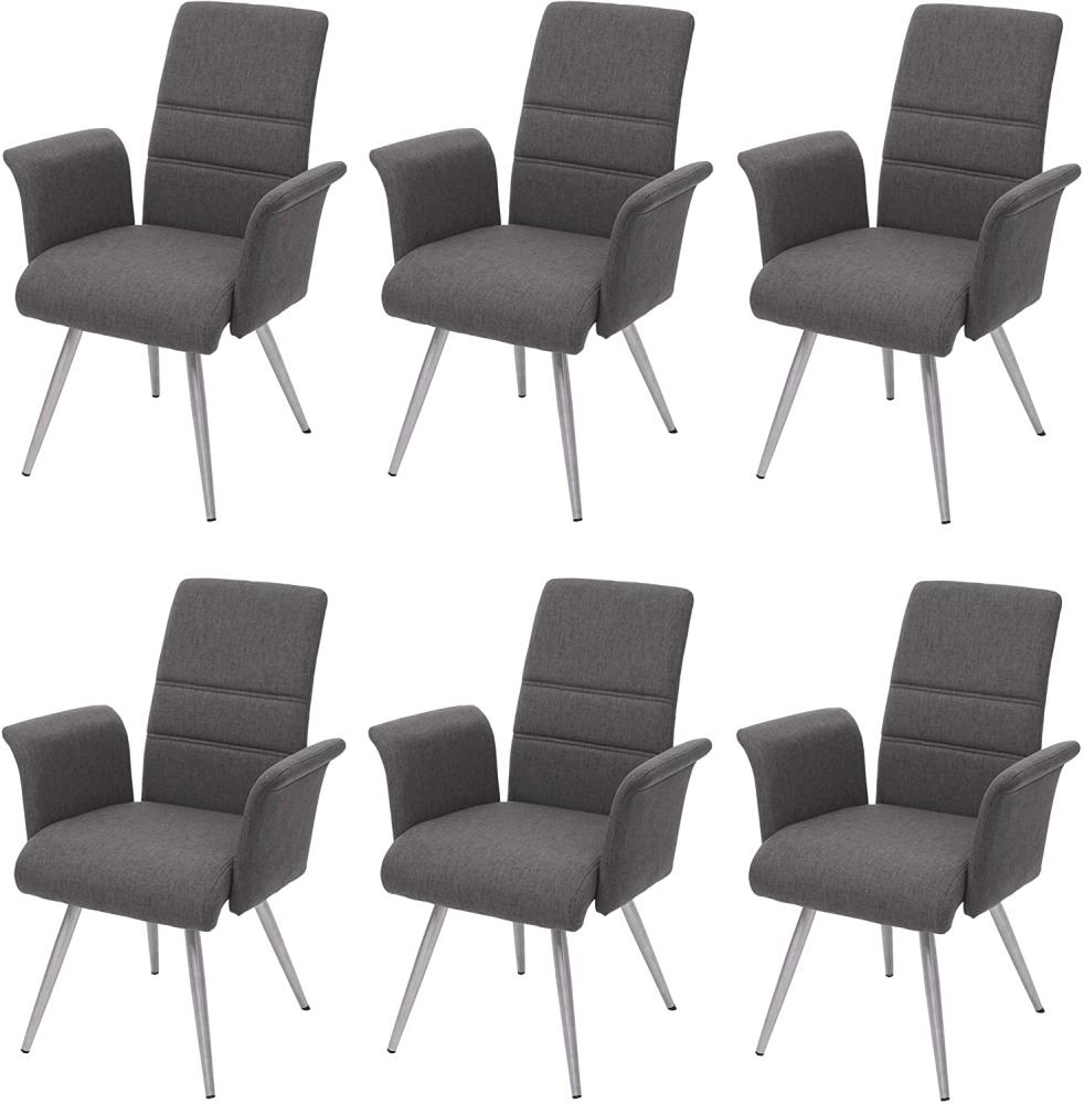 6er-Set Esszimmerstuhl HWC-G55, Küchenstuhl Stuhl mit Armlehne, Stoff/Textil Edelstahl gebürstet ~ grau-braun Bild 1