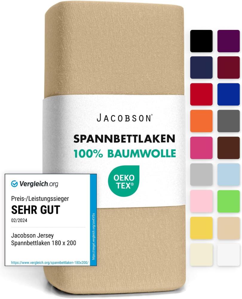 Jacobson Jersey Spannbettlaken Spannbetttuch Baumwolle Bettlaken (120x200-130x200 cm, Beige) Bild 1