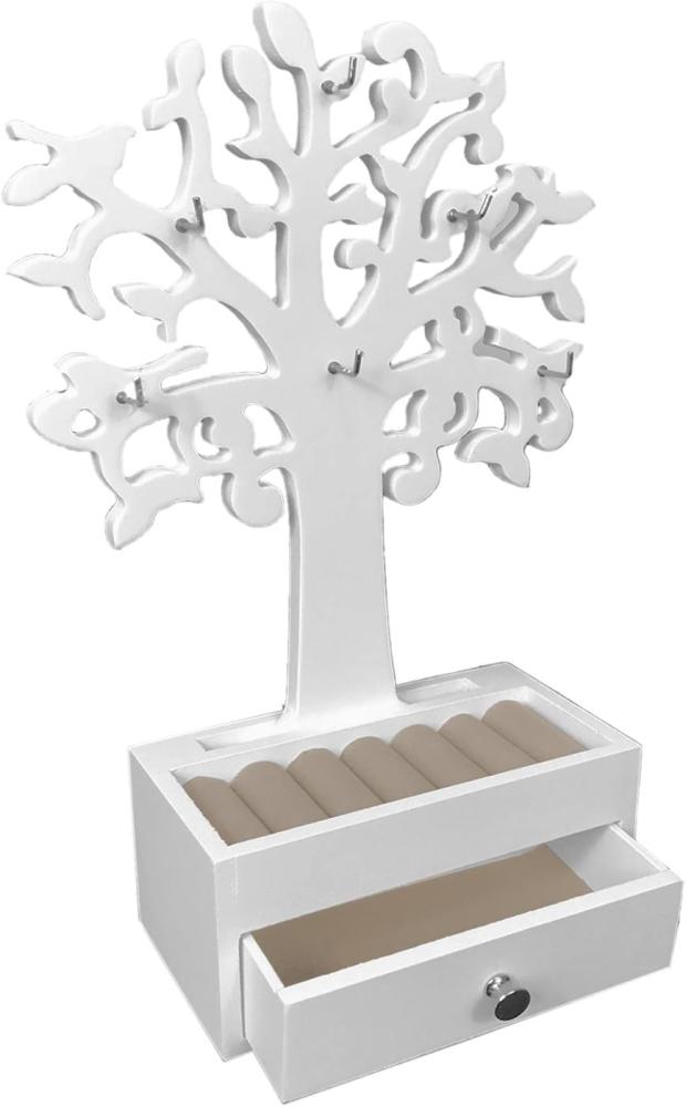 Schmuckbaum Holz Lebensbaum mit Schublade und 6 Haken Weiß B19xH31cm Bild 1