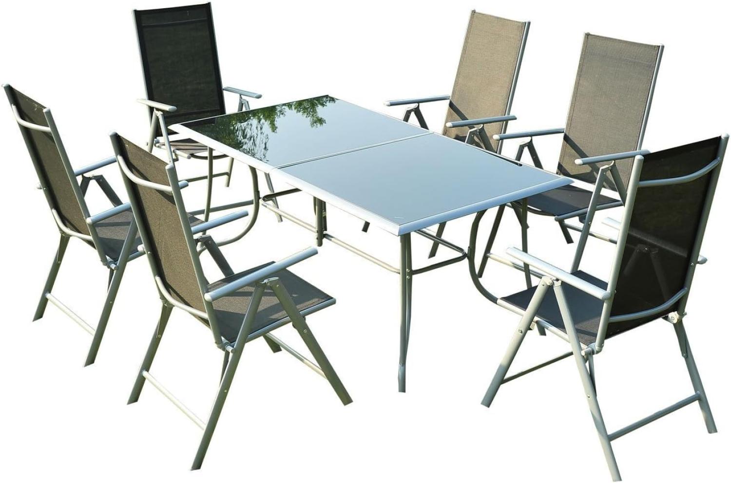Outsunny - Alu Gartentischset mit schwarzer Glasplatte klappbar, mit 6 Stühlen - schwarz-silber - Outsunny Bild 1