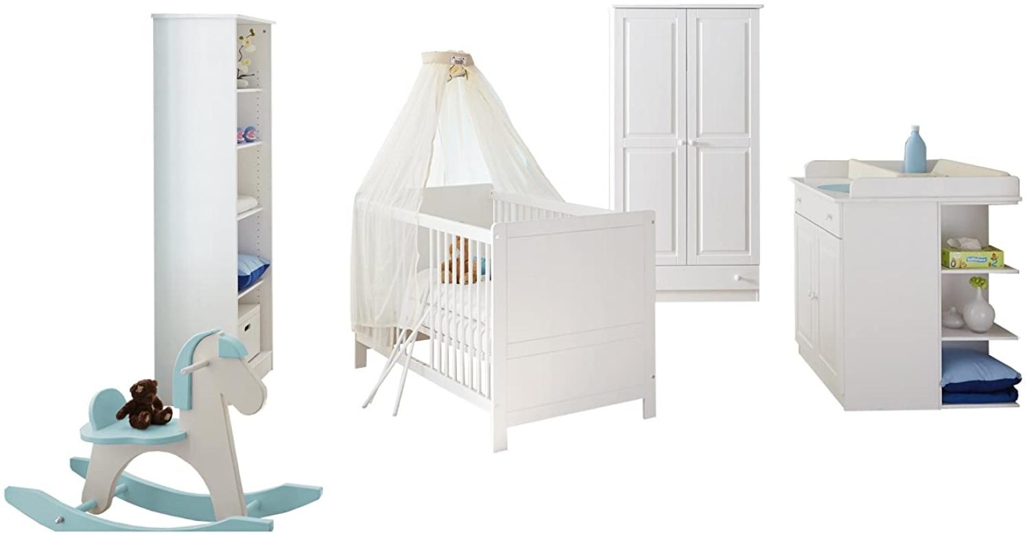 Ticaa 'Moritz' 4-tlg. Babyzimmer-Set Kiefer, weiß, aus Bett 70x140 cm, Wickelkommode inkl. Anstellregal, Kleiderschrank und Standregal Bild 1
