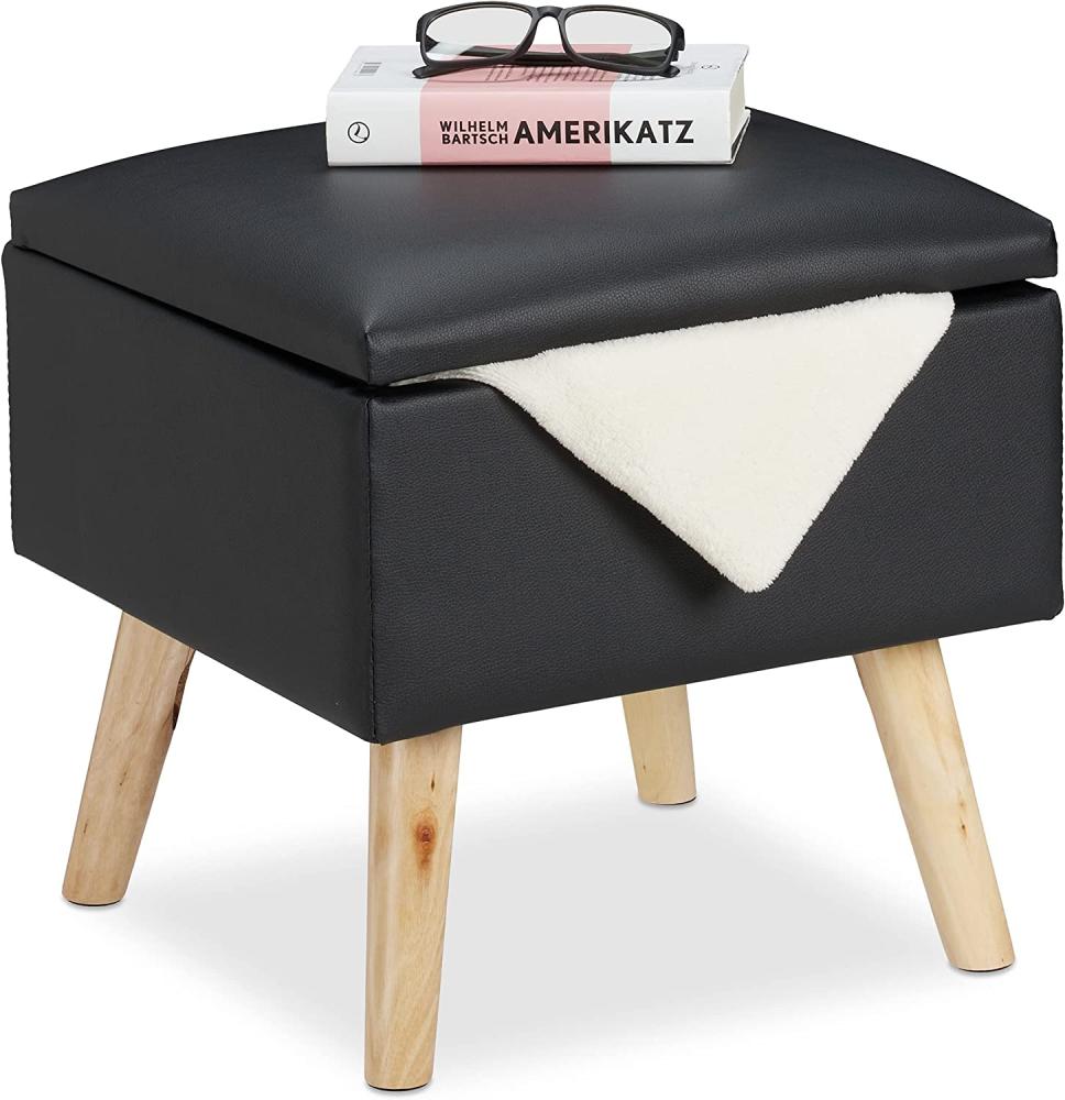 Relaxdays Sitzhocker mit Stauraum, aus Kunstleder, HxBxT: 40 x 40 x 40 cm, mit Deckel, Sitzwürfel gepolstert, schwarz, 1 Stück Bild 1