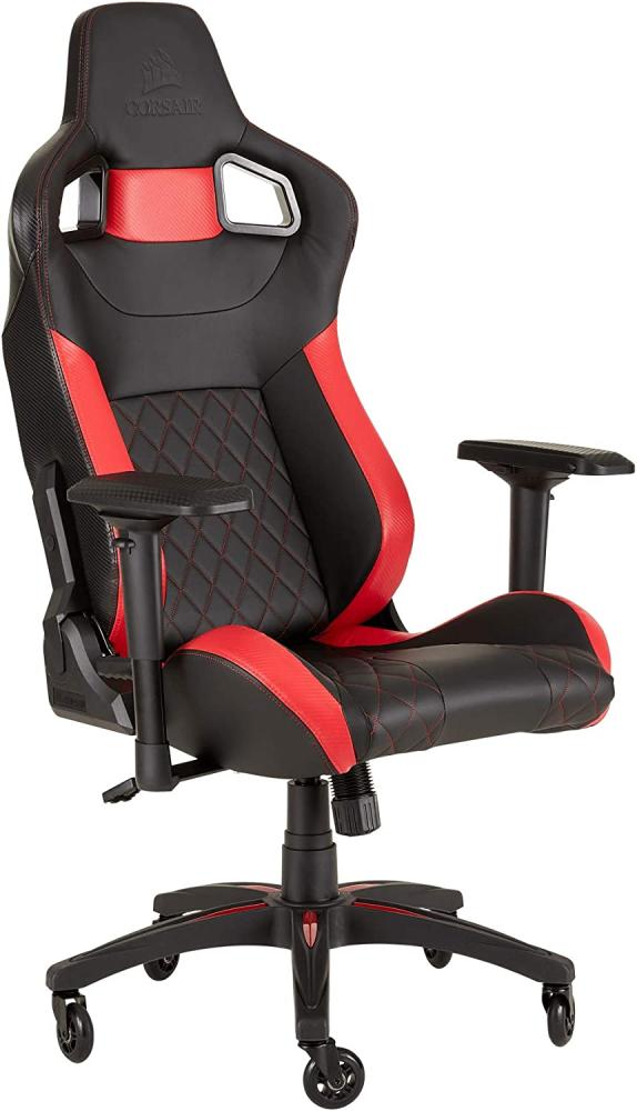 Corsair T1 Race - Kunstleder Gaming Rennsport Stuhl (Einfache Montage, Ergonomisch Schwenkbar, Verstellbare Sitzhöhe & 4D Armlehnen, Komfortable breite Sitzfläche mit hoher Rückenlehne) Rot Bild 1