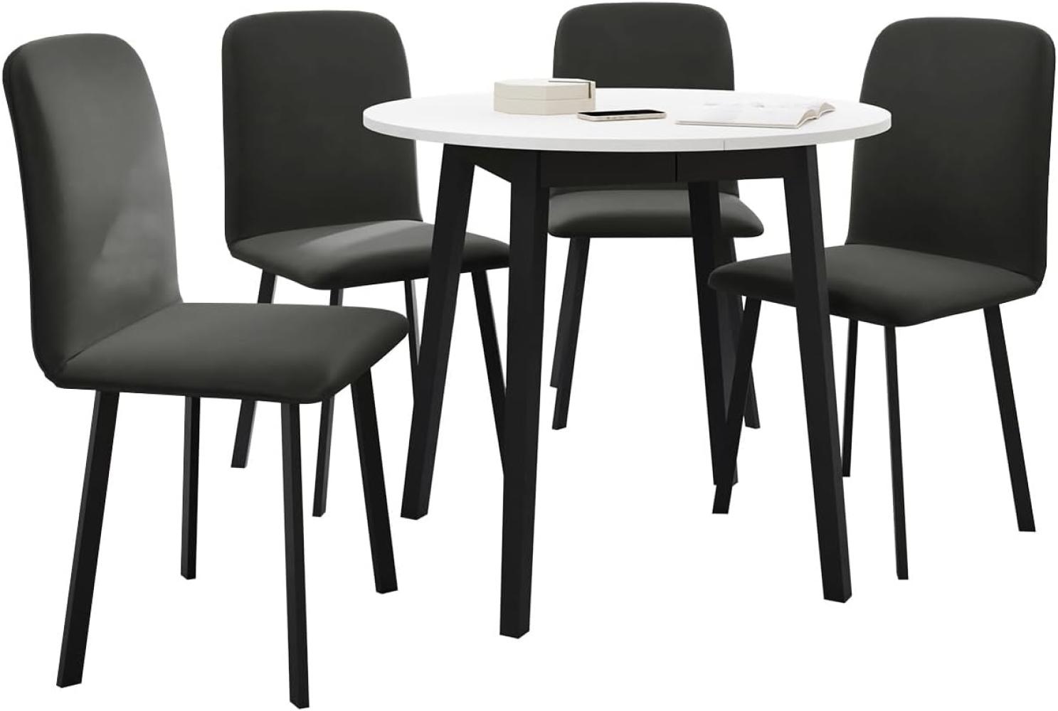 Essgruppe ML04, Runder ausziehbarer Esstisch Dirko S mit 4 Stühlen Lanoi (Farbe: Amor Velvet 4321, Weiß/Schwarz) Bild 1