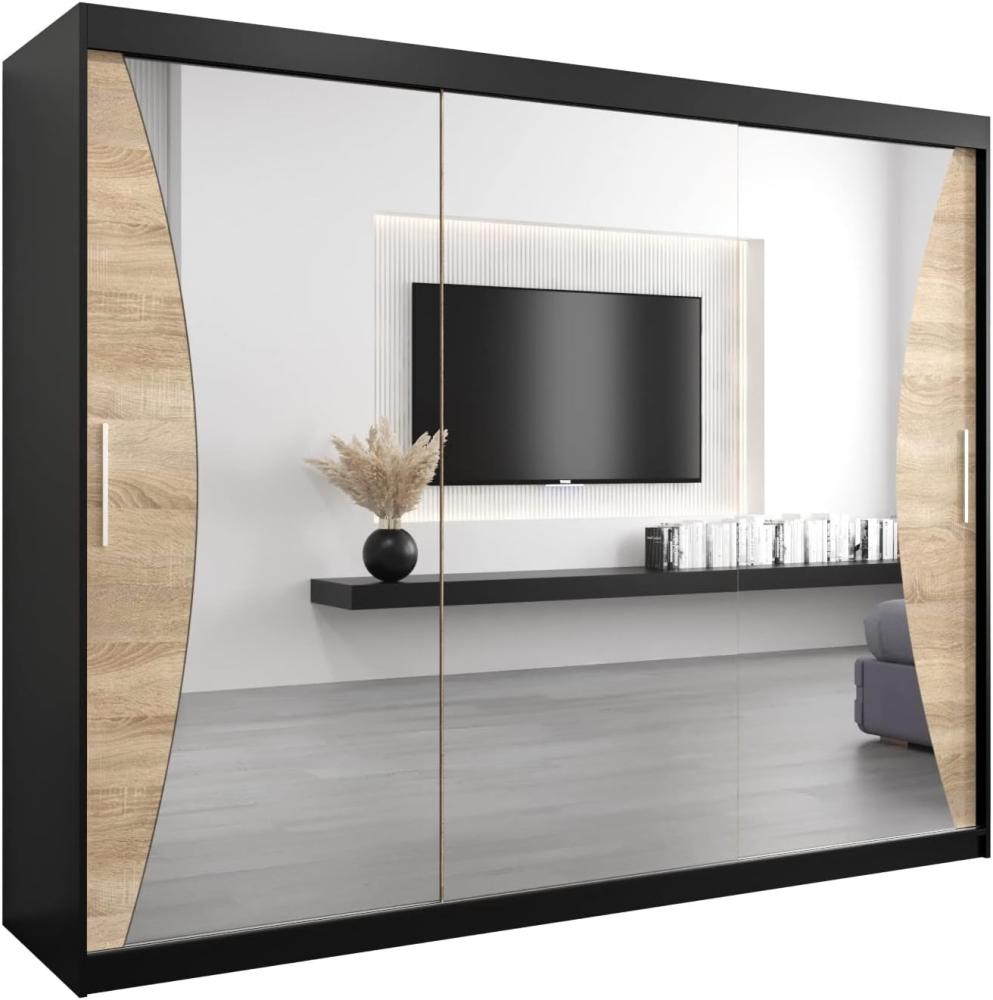 Kryspol Schwebetürenschrank Monaco 250 cm mit Spiegel Kleiderschrank mit Kleiderstange und Einlegeboden Schlafzimmer- Wohnzimmerschrank Schiebetüren Modern Design (Schwarz + Sonoma) Bild 1