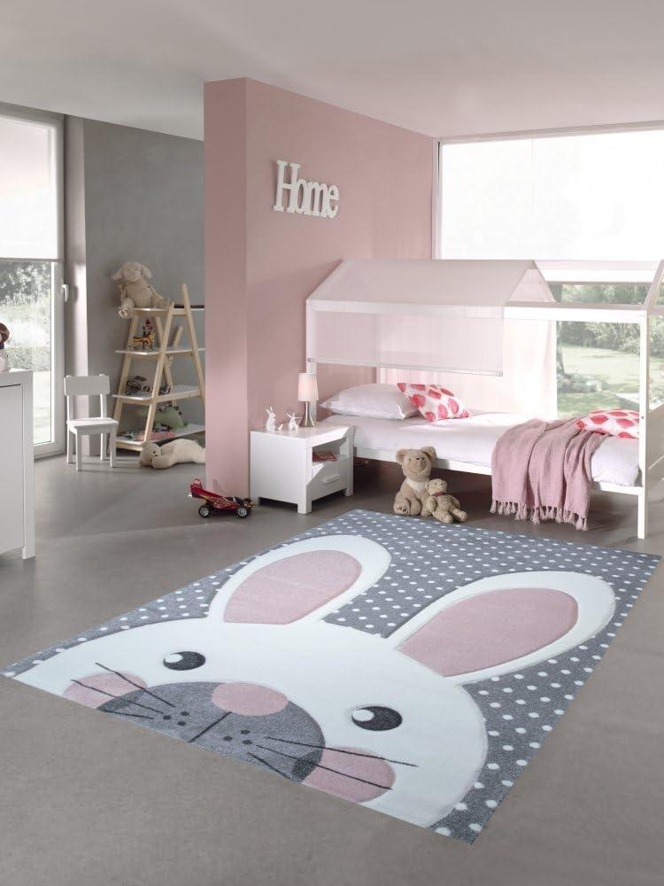 Kinderteppich Spielteppich Teppich Kinderzimmer Babyteppich Hase in Creme Grau rosa Größe 80x150 cm Bild 1