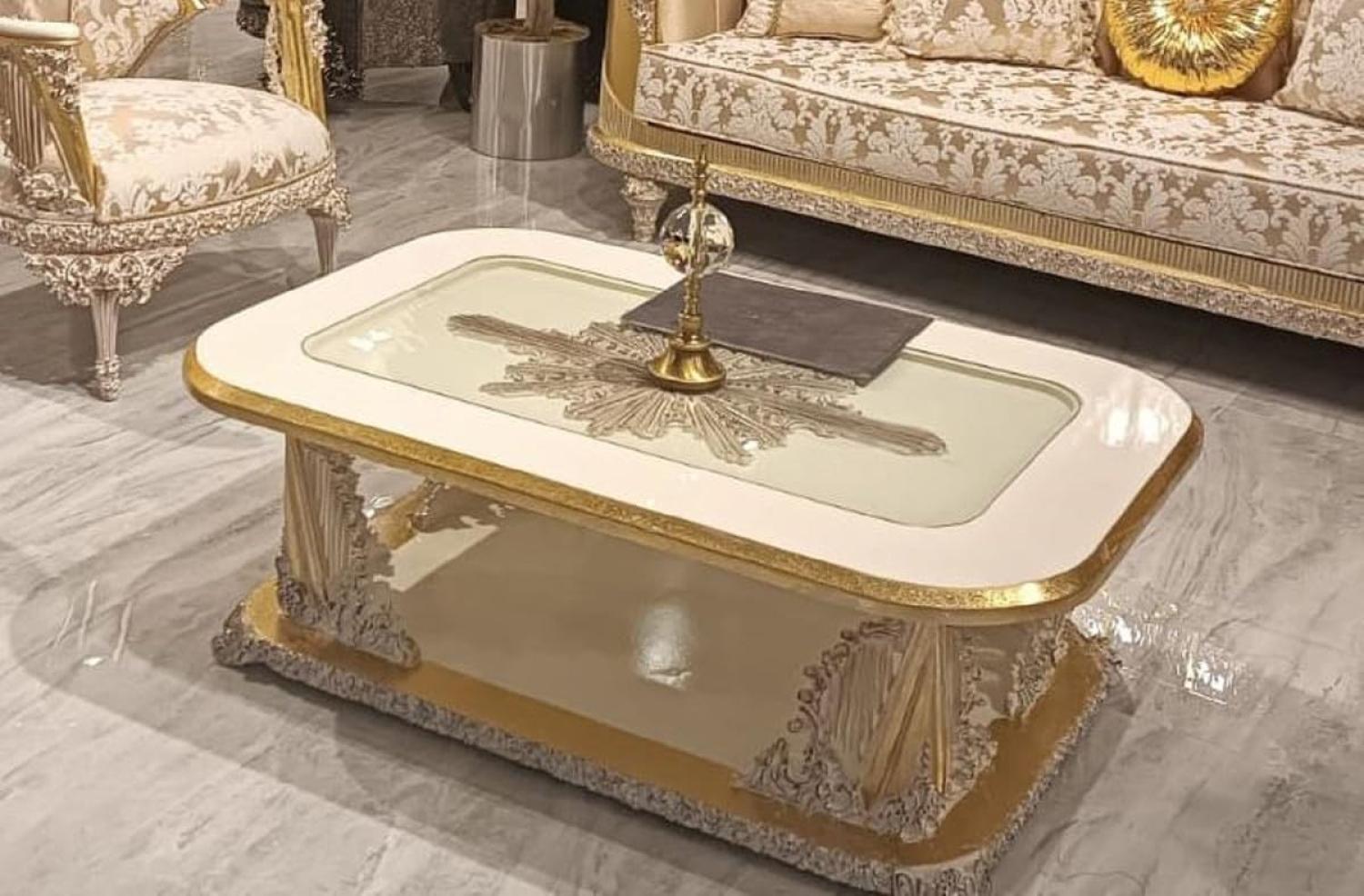 Casa Padrino Luxus Barock Couchtisch Weiß / Gold - Handgefertigter Massivholz Wohnzimmertisch im Barockstil - Prunkvolle Barock Wohnzimmer Möbel Bild 1