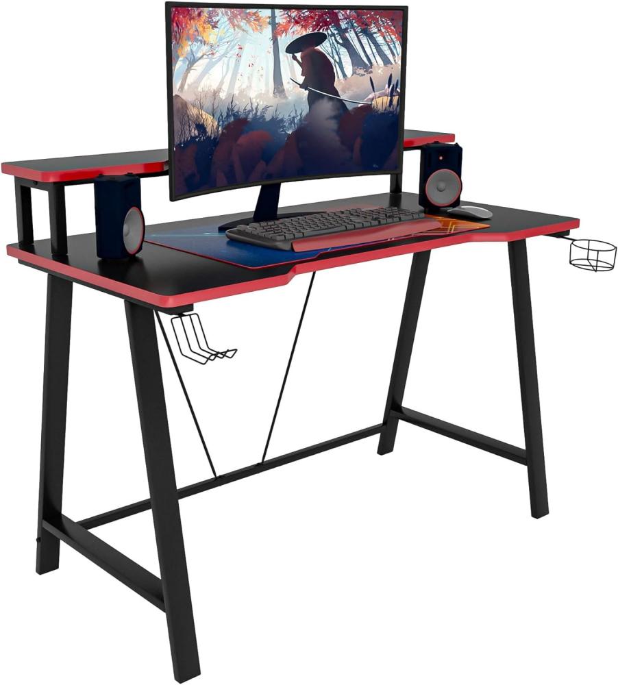 Gaming Tisch mit Ablage, MDF schwarz-rot, 120 x 59,5 x 90,5 cn Bild 1