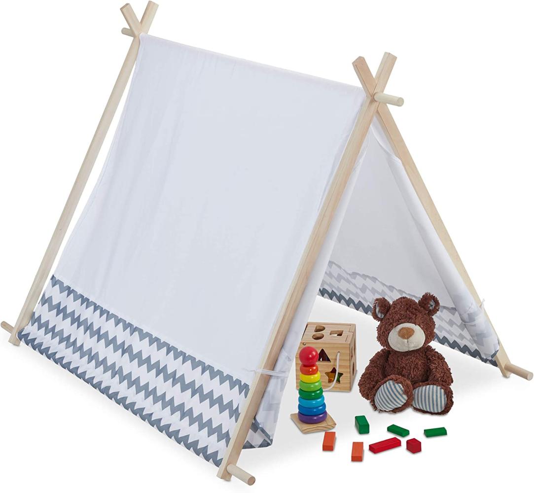 Relaxdays 10035301 Tipi Zelt für Kinder, mit Fenster, Kinderzimmer Zelt, Wigwam Kinderzelt, HxBxT: 92 x 92 x 120 cm, weiß-grau Bild 1