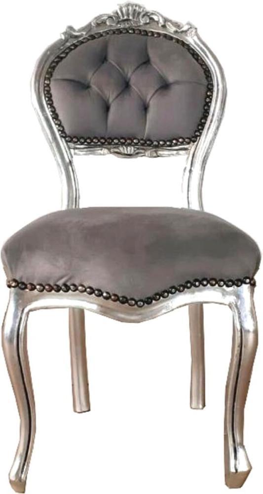 Casa Padrino Barock Damen Stuhl Grau / Silber 40 x 44 x H. 83 cm - Handgefertigter Schminktisch Stuhl mit edlem Samtstoff - Möbel im Barockstil Bild 1