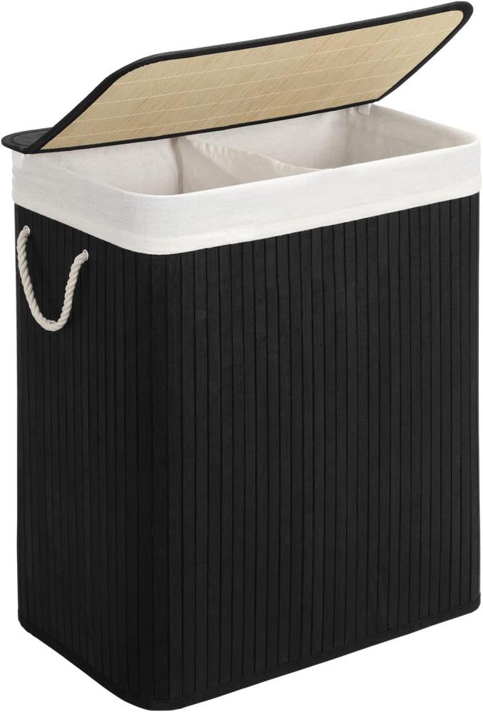 Wäschekorb aus Bambus, Wäschesammler mit 2 Fächern, Wäschesortierer mit Deckel und herausnehmbarem Wäschesack, Tragegriffe aus Baumwolle, 100 L Wäschebox, schwarz LCB64BK Bild 1