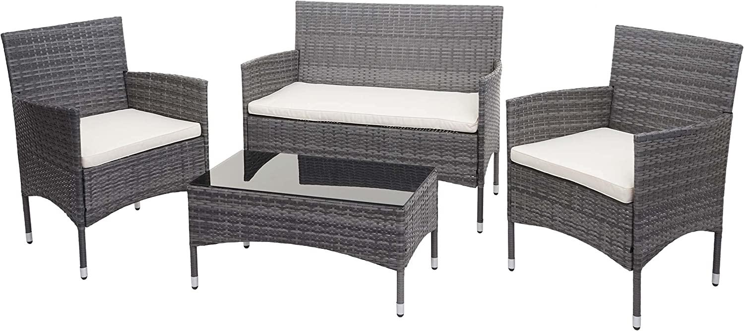 Poly-Rattan Garnitur HWC-F55, Balkon-/Garten-/Lounge-Set Sofa Sitzgruppe grau, Kissen creme Bild 1